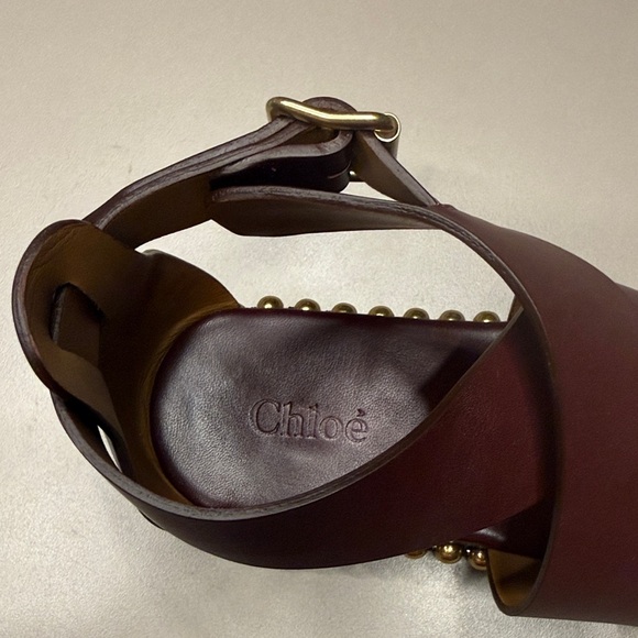 Chloé Burgundy Crisscross Leather Platform Sandals with Gold Bead Trim - Picture 4 of 12